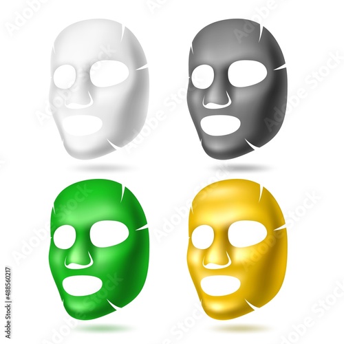 Cosmetic masks. Different facial skincare products. Gold, cotton, charcoal and seaweed face sheets. Detox, cleansing and hydration beauty effects. Vector 3D moisturizing patches set