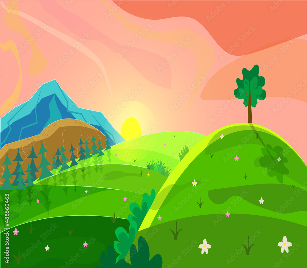Fototapeta premium Spring or summer landscape with sunrise with trees, mountains, fields, leaves, flowers. Vector illustration in flat style, cartoon.