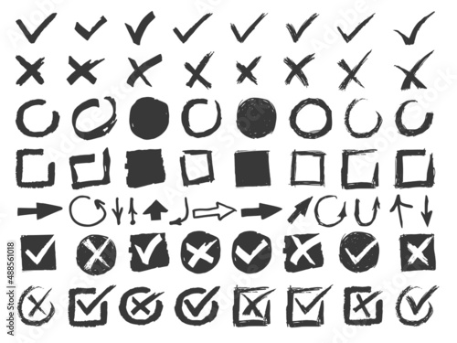 Hand drawn signs. Doodle black check marks. Crosses and arrows. Monochrome handwritten squares and circles. Tick isolated symbols. Empty and filled boxes. Vector silhouette icons set