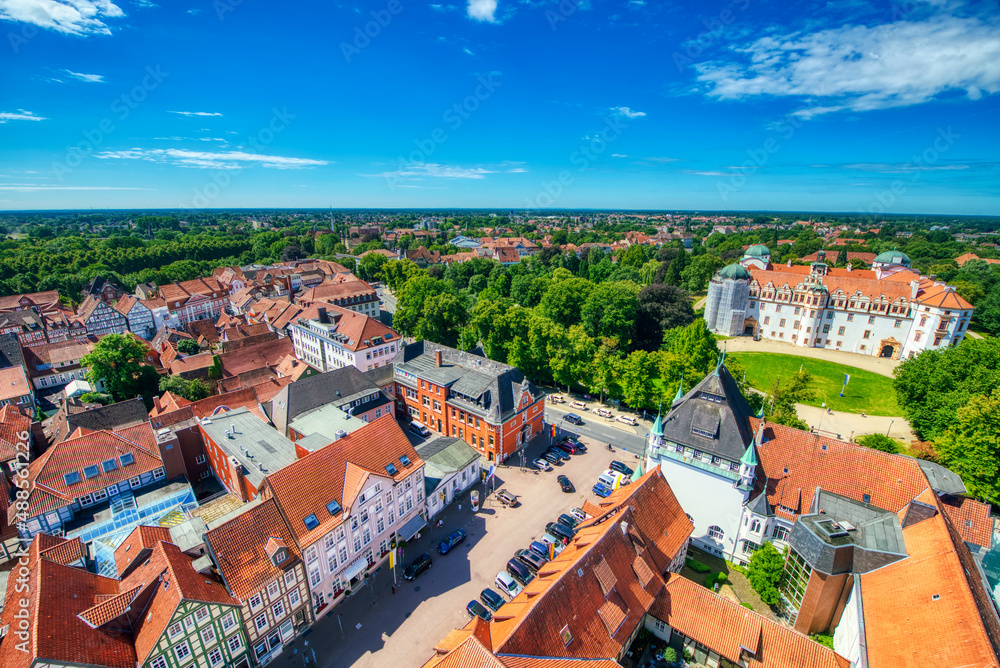 Celle, Germany - July 18, 2016: Aerial view of medieval city streets on a summer day.