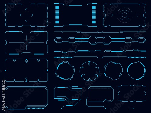 HUD sci fi user interface elements. Futuristic digital technology blank frames and bars. Info call boxes. Game borders layout. Control panel. Virtual dashboard. Vector UI objects set