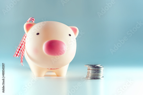 cute piggy bank on a blue background with a coin