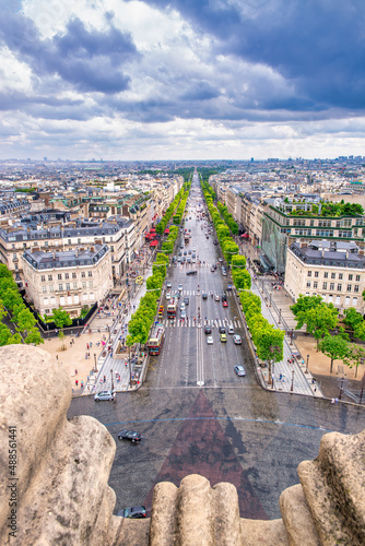 Paris, France - July 20, 2014: Aerial view of city streets from the top of Triumph Arch.