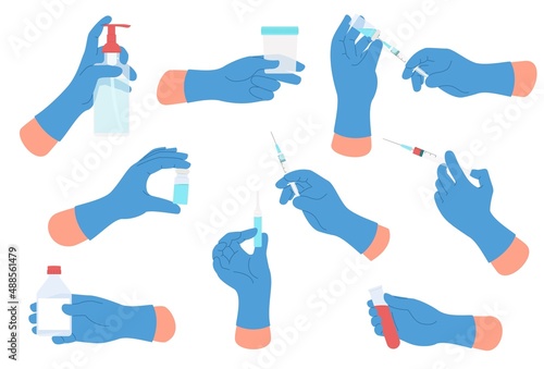 Medical hands. Doctor arms wearing surgical gloves hold different medical tools. Palms with injections and ampoules. Test tube and vaccine syringe. Vector instruments set for vaccination