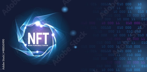 NFT nonfungible tokens text in the center of spiral of glowing dots on dark background.