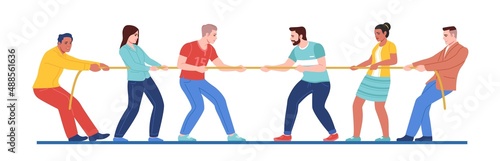 Pulling rope people. Two groups opposition. Men and women playing tug of war. Team game. Competitors confrontation. Characters in casual clothes. Strength competition. Vector concept photo