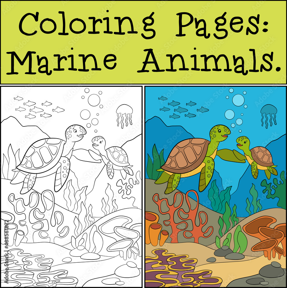 Coloring Pages: Marine Animals. Mother sea turtle swims underwater with her  little cute baby and smiles. Stock Vector | Adobe Stock
