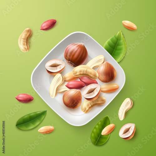 Realistic nuts bowl. Top view plate with natural snacks. Peeled nut kernels mix. Peanuts and cashews. Healthy appetizer. Vegetarian organic food. Raw hazelnuts and leaves. Vector concept