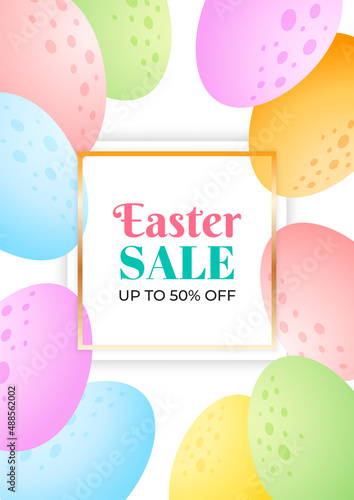 Bright Easter background of eggs. Spring sale banner template. Border of colorful chocolate eggs. Vector 10 EPS.
