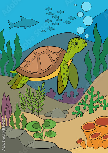 Fototapeta Naklejka Na Ścianę i Meble -  Cartoon marine animals. Little cute green sea turtle swims underwater and smiles.