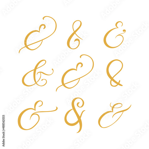 Typography script ampersand. Flourish lettering element for wedding invitation, poster, card. Decorative hand drawn symbol. Vector illustration