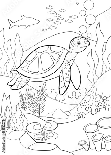 Coloring page. Little cute green sea turtle swims underwater and smiles.