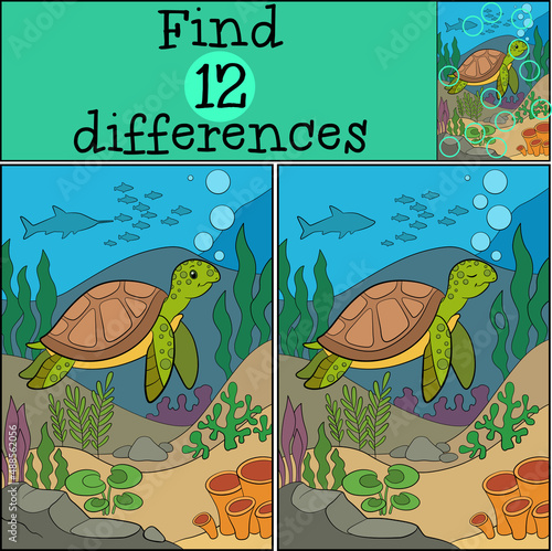 Educational game: Find differences. Little cute green sea turtle swims underwater and smiles.