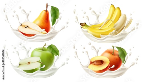 Realistic yogurt fruit splashes. Fermented milk drops and liquid bursts. Whole or half pear and peach. Banana or apple tastes. Probiotic product. Cream splatters. Vector food flavors set