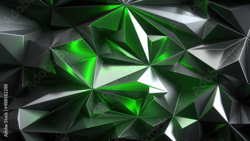 3d render, crystallized metallic texture with green light, abstract faceted wallpaper, modern geometric background