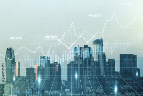 Double exposure of abstract creative financial chart hologram on Los Angeles skyscrapers background, research and strategy concept