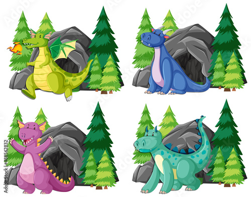 Set of dragons in front of big cave
