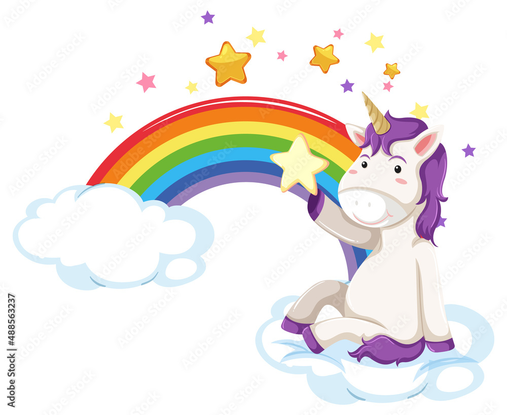 Purple unicorn sitting on a cloud with rainbow