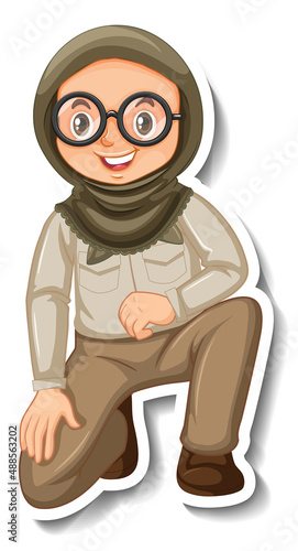 Muslim girl in safari outfit cartoon character sticker