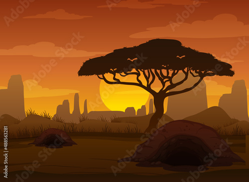 Silhouette savanna forest at sunset time