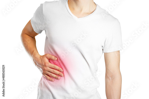 Wallpaper Mural A man holds the liver. Pain in the abdomen. Cirrhosis of the liver. Sore point highlighted in red. Closeup. Isolated Torontodigital.ca