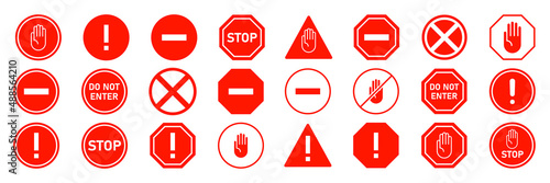 Red signs not enter and Stop elements. Vector illustration.