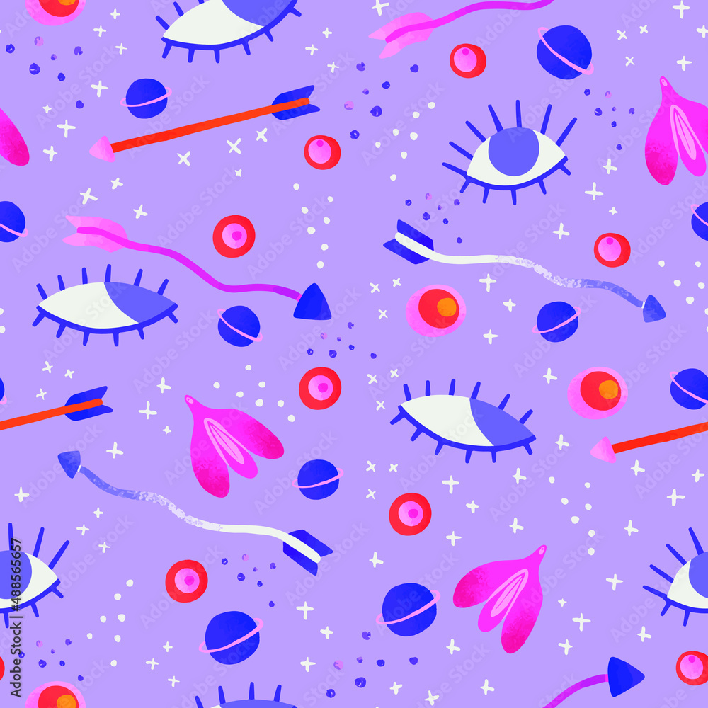 Fototapeta premium Feminist seamless pattern for Women's day with eyes, cosmos elements, arrows and clitoris, girly and cute vibes