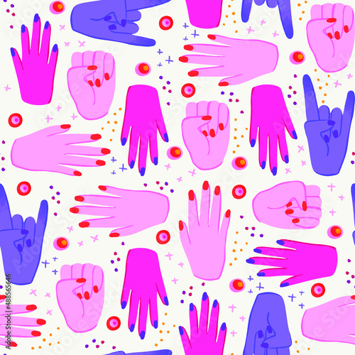 Vászonkép Feminist seamless pattern for Women's day with colorful hands pattern, rebel gir