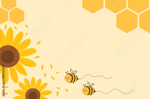 Abstract beehive honey sign label with sunflower, petals and bee cartoons on yellow background vector illustration.