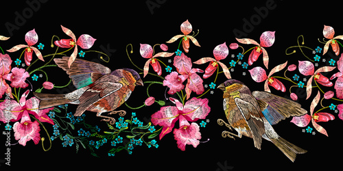 Embroidery pink orchid flowers and birds. Spring horizontal seamless pattern. Floral fashion template for clothes, textiles, t-shirt design