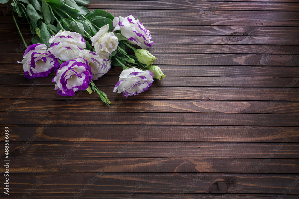 The beautiful purple flowers on a dark wooden background. Greeting card for holidays with copy space, top view The beautiful purple flowers on a dark wooden background. Greeting card for holidays with copy space, top view