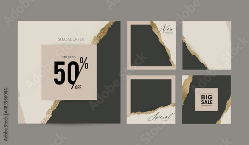 Instagram social media story post background. minimal abstract nude beige gold dark green ripped torn paper vector mockup. template for beauty, jewelry, wedding, Christmas