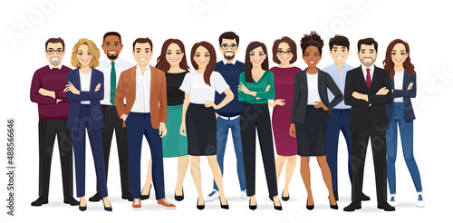 Group of happy diverse multiethnic business people standing together. Team of colleagues in different ages. Isolated vector illustration.