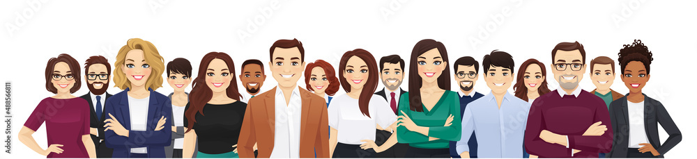 Portrait of happy diverse multiethnic business people standing together. Team of colleagues in different ages. Isolated vector illustration. Portrait of happy diverse multiethnic business people standing together. Team of colleagues in different ages. Isolated vector illustration.