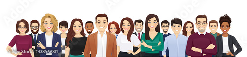 Portrait of happy diverse multiethnic business people standing together. Team of colleagues in different ages. Isolated vector illustration.