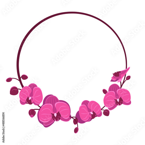 Round frame with orchid flowers. Floral botanical background. Template for greeting card, invitation or wedding postcard. Vector illustration in flat style