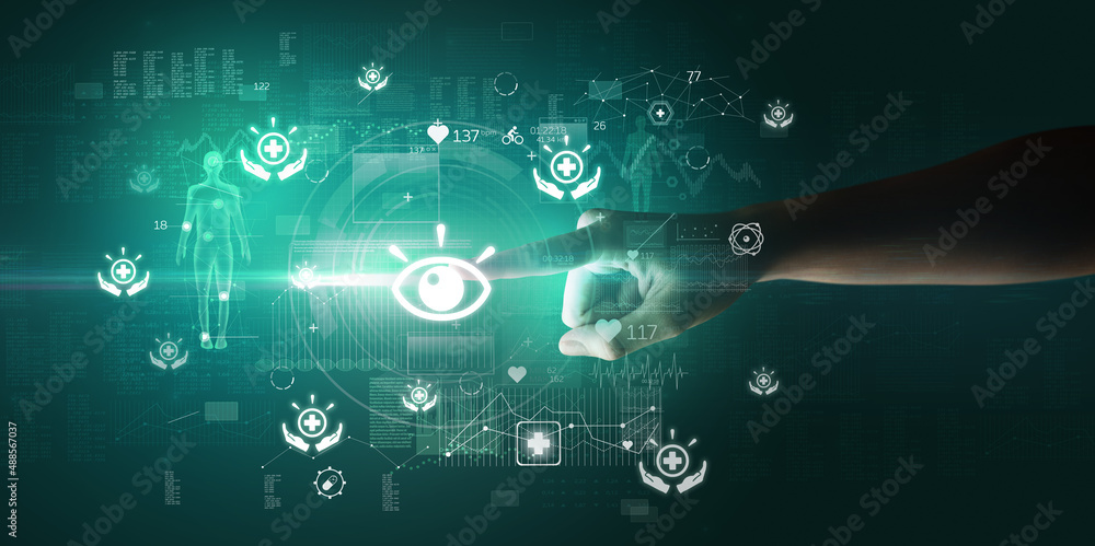 Doctor hand pressing futuristic health device with medical symbol on screen Doctor hand pressing futuristic health device with medical symbol on screen