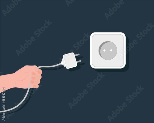 Socket and plug.
Connect or disconnect the device to electricity. Power Grid. A man holding a cord in his hand.
Vector illustration in cartoon style.