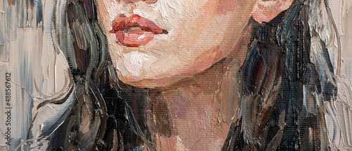 Fototapeta Naklejka Na Ścianę i Meble -  Fragment of art painting. Portrait of a girl with blond hair is made in a classic style. .A woman's face with red lips.