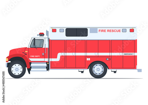 Fire Truck Side View Flat Illustration