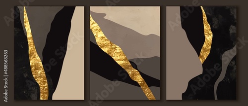Vector abstract wall art triptych in warm natural colors. Black, grey, golden foil texture. Waves, soft colorful forms.