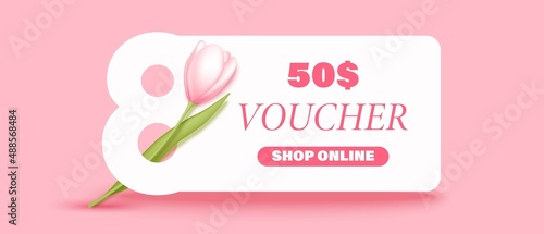 8 march voucher. Gift card with pink tulip.