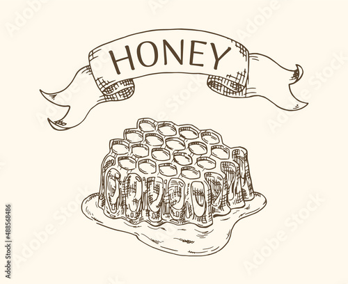Honey comb with ribbon. Vintage hatching style.