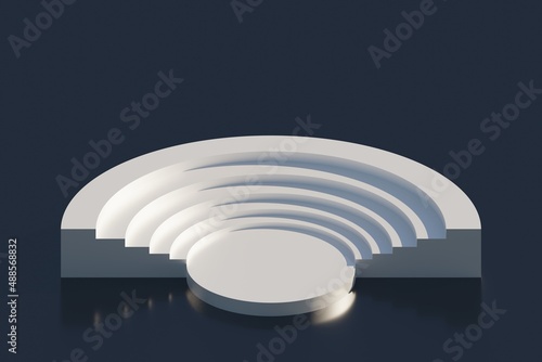 Fototapeta Naklejka Na Ścianę i Meble -  Round staircase with geometric white podium on dark background 3d illustration