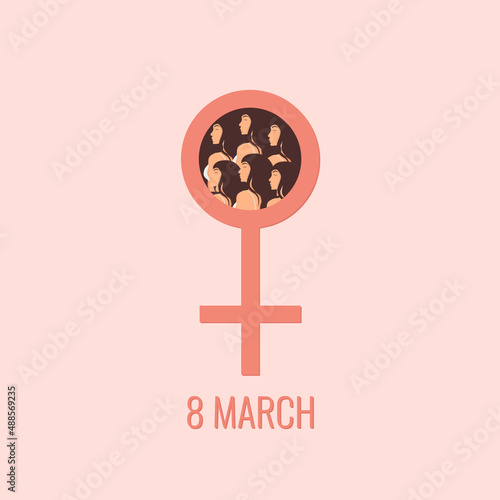 International women's day minimalist card with faces women's pink.