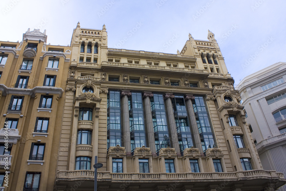 Beautiful historical building at Gran Via of Madrid, Spain