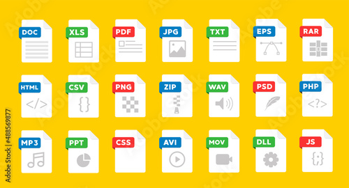 File format flat icon set. Document file icons vector set photo