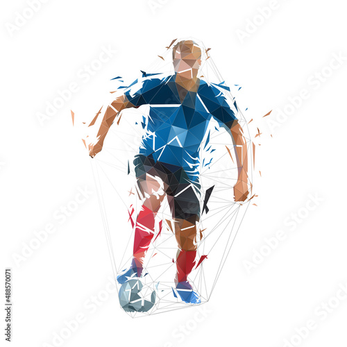 Football player running with ball, isolated low polygonal vector illustration from triangles, front view. Soccer, team sport