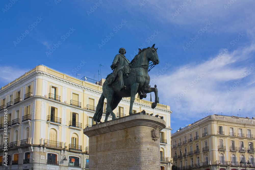 Monument to King Carlos III  at Puerta Del Sol Plaza in Madrid, Spain 
