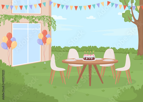 Backyard birthday party flat color vector illustration